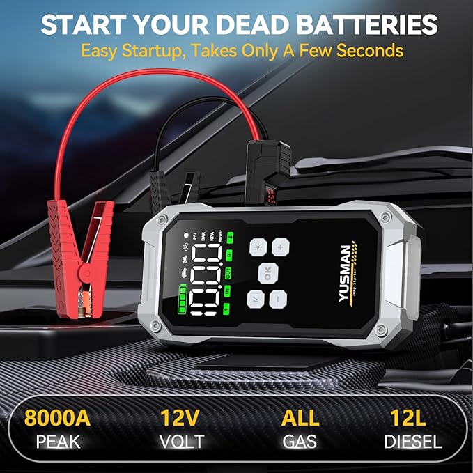 Car Jump Starter with Air Compressor, 8000A 150PSI Jump Starter Pack (All Gas/10.0L Diesel), 12V Battery Jump Starter with Display, Smart Jumper Cables, 2 LED Light