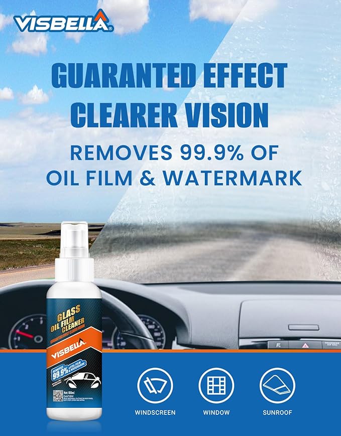 Visbella Oil Film Cleaner Spray, Car Windshield Wiper Fluid Liquid, Clear Vision Auto Windows & Rear-view Mirror, Watermark Spot Remover for Glass Surfaces, Automotive Rain Repellent Tool 3.38FL.OZ.