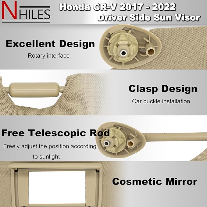 NHILES Driver Left Side Sun Visor Replacement Fits for Honda CR-V 2017-2022 Sunshade Without Light 83280TLAA02ZA Color: Beige