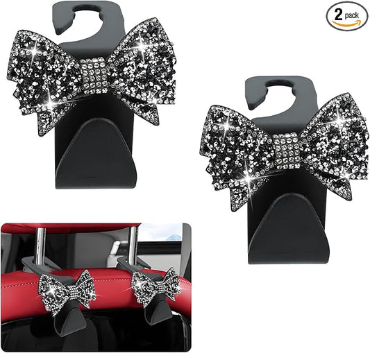 2PCS Bling Bow Car Seat Headrest Hook, Cute Bow Purse Hanger for Cars, Crystal Rhinestone Auto Seat Back Storage Hanging Hooks for Handbag Umbrella Coat Grocery Bags, Car Accessories (Black)