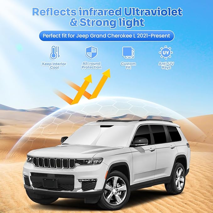 Canvcle Window Shades for 2021-2025 2026 Jeep Grand Cherokee L Accessories Windshield Sun Shade Side Rear Window Cover Sunshade Sun Visor Shield Privacy Protection for Camping Keep Car Cool Black 8PCS
