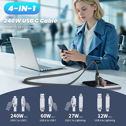 Travel Essentials,Dual Type-C 4 in 1 Multi Charging Cable, 5 FT Universal Charging Cables for All Devices, 2 USB-C/Lightning/Micro USB Port, Compatible with iPhone 17 16/15 Series/Phone/Tablet,240W