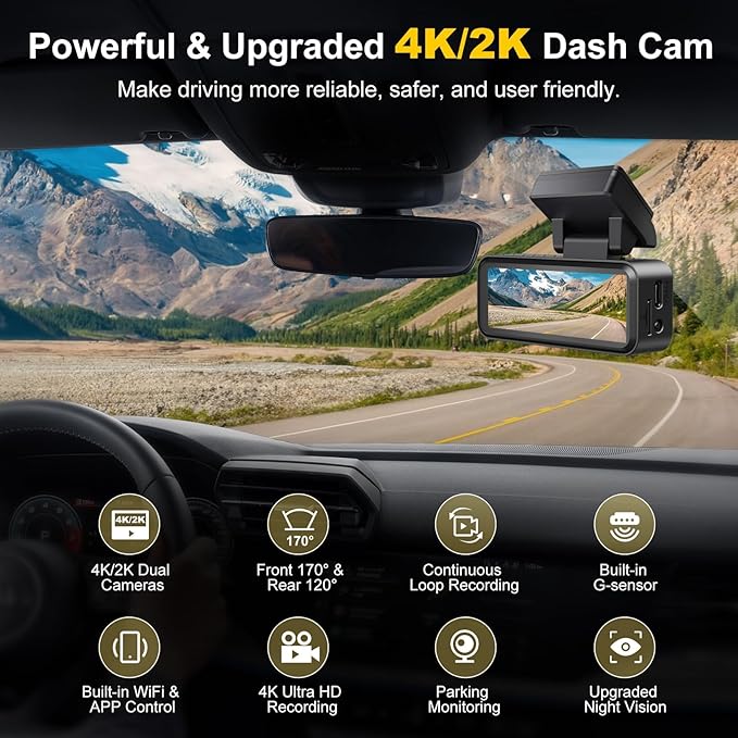 4K+2K Dash Cam Front and Rear, Free 64GB Card Included, 5.8GHz WiFi Dash Camera for Cars, Built-in G-Sensor, 3.2” IPS Screen, 170°Wide Angle, Night Vision, 24 Parking Mode