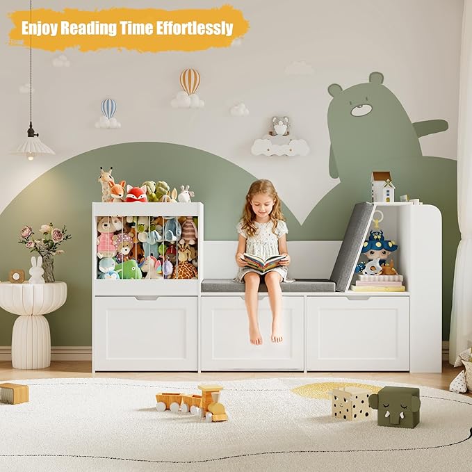 66.9" Kids Reading Nook, Toy Storage Organizer with Stuffed Animal Storage, Bench and Removable Cushions, Wooden Toddler Bookshelf with 3 Movable Drawers for Nursery, Playroom (White)