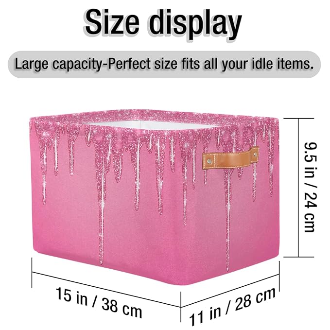 Pink Sparkly Storage Baskets for Organizing, Fabric Collapsible Storage Bins Box Pink Glitter Decorative Toy Organizer Baskets for Closet Shelves Gift Basket 1 Pc