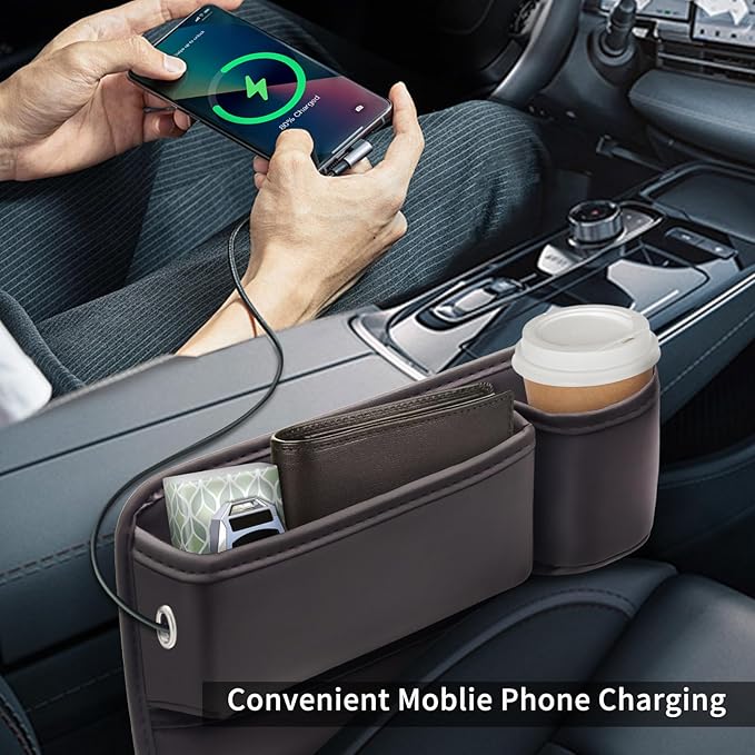 Car Leather Cup Holder Gap Bag 2-Piece Car Seat Gap Filler with Cup Holders for Cups Glasses Keycard (Main and Passenger) (Mocha Brown)