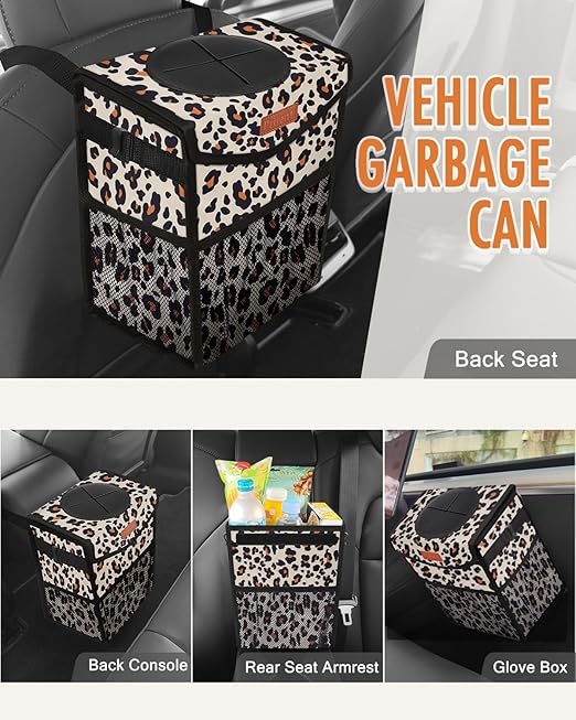 Car Trash Can with Lid, Cute Leakproof Car Trash Garbage Bag Hanging Vehicle Trash Bin Small Portable Automotive Garbage Cans Organizer for Back/Front Seat(Trapezoid,Leopard