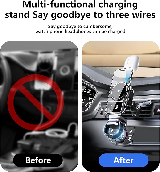 3 in 1 Wireless Car Charger, 15W Fast Charging Phone Holder Foldable Magnetic Mount Fit for All iPhone Android Phone, iWatch, Airpods Wireless Earphone