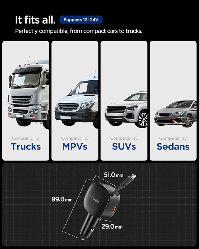 Spigen 60W Retractable Car Charger, Fast USB C Car Phone Charger, Quantum Boost Car Adapter for iPhone 17 Pro max, 17 Pro, 17, 17e, 16, 15, 14, Samsung Galaxy S25 S24, Google Pixel, Car Accessories