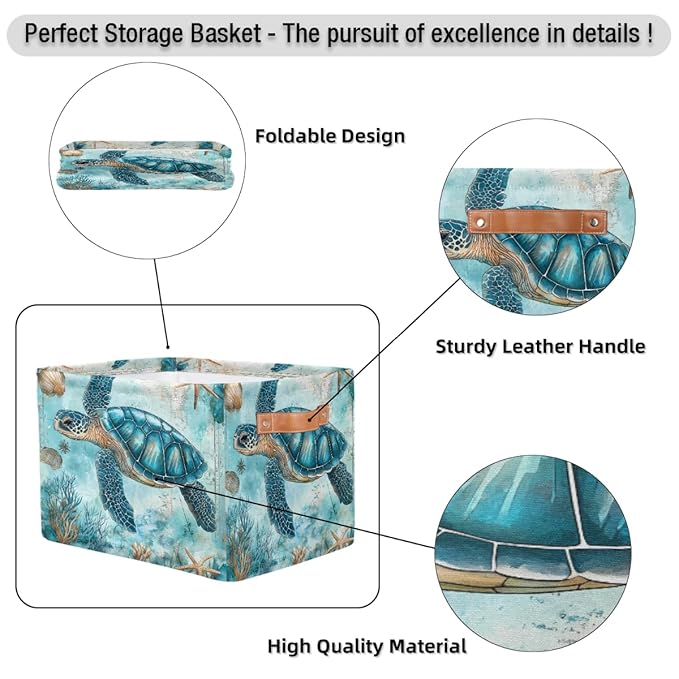 Turquoise Turtle Storage Baskets for Organizing, Fabric Collapsible Storage Bins Box Ocean Seashell Decorative Toy Organizer Baskets for Closet Shelves Gift Basket 1 Pc