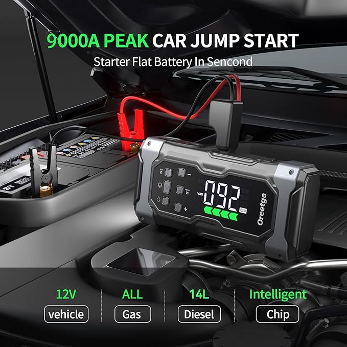 Upgraded 9000A Car Jump Starter with Air Inflator/Deflator Compressor, 9 in 1 Portable Jumper Box Power Pack Charger (All Gas/14L Diesel) Combo Cordless Air Pump for Tire Inflator & Large LCD Screen
