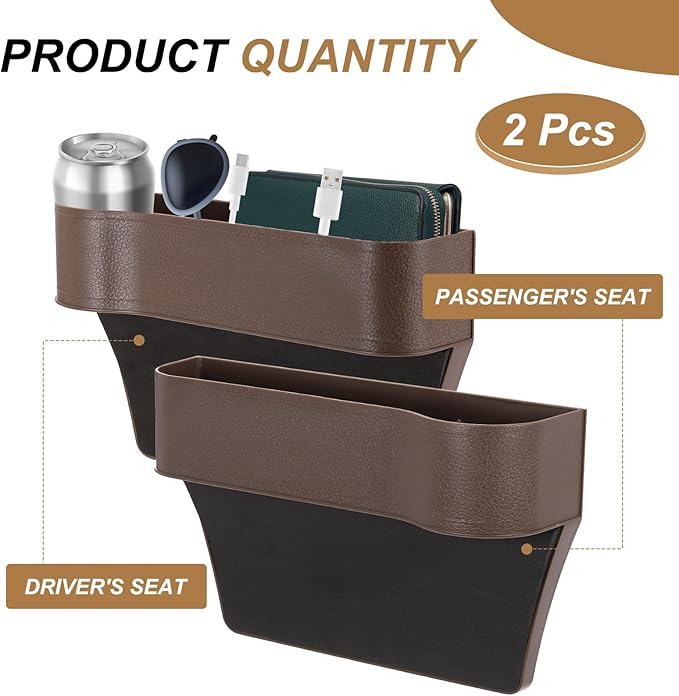 HARFINGTON 2pcs Car Seat Gap Filler Organizer 10.2 x 6.5 x 2.4 Inch ABS Universal Car Organizer Storage Box Between Seat and Console (Left+Right) with Cup Holders for Phone Keys, Brown