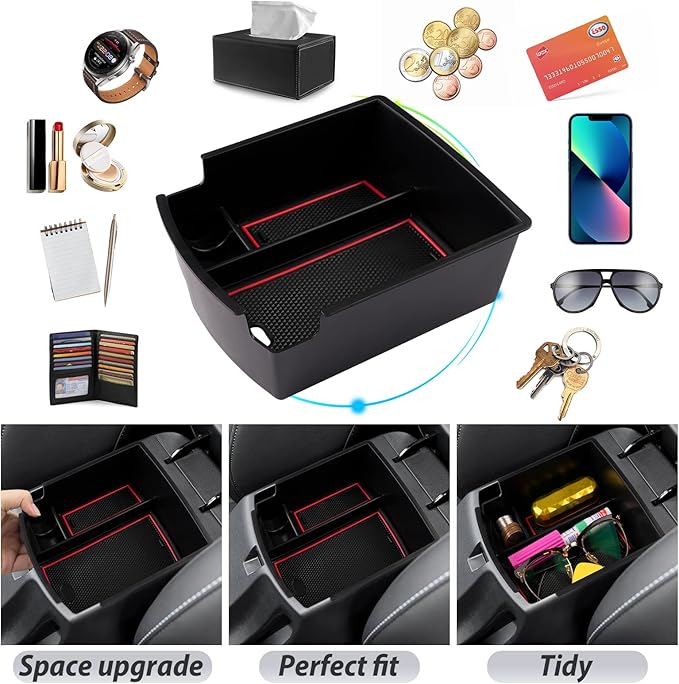SKTU for 2018 2019 2020 2021 2022 2023 Hyundai Kona Center Console Organizer Insert ABS Black Materials Tray 2023 Kona OS Armrest Box Glove Secondary Storage Box with Coin and Glass Holder (Red)