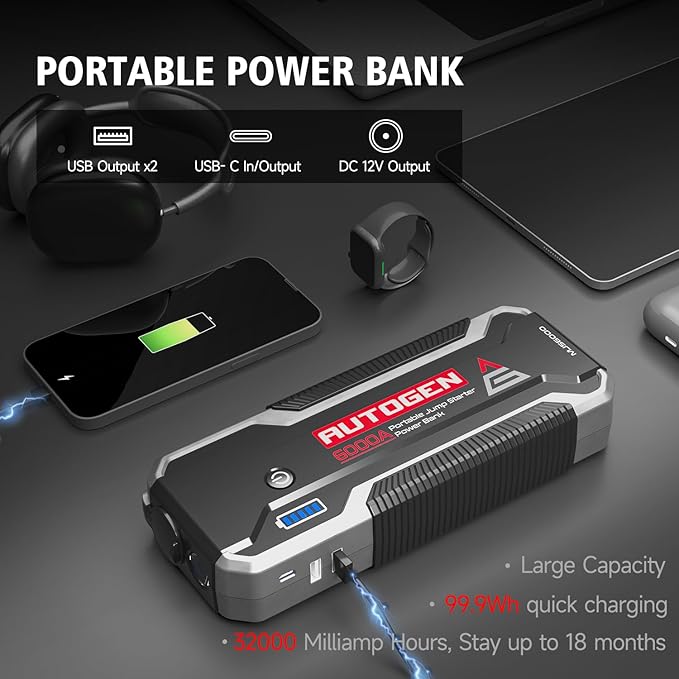 Car Jump Starter 6000A, AUTOGEN Portable Battery Jumper Starter All Gas and 10.0L Diesel Engine, Jump Start Battery Pack and Jump Box with 12V DC Output and EVA Case