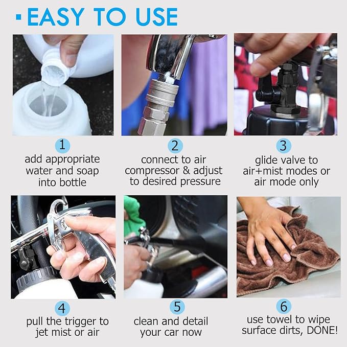 Car Detailing Kit Car Interior Cleaner Turbo Car Cleaning Gun Pro & at Home Interior Car Cleaning Supplies Kit for Upholstery Carpet Seat Headliner, Pressure Sprayer, Air Compressor Needed