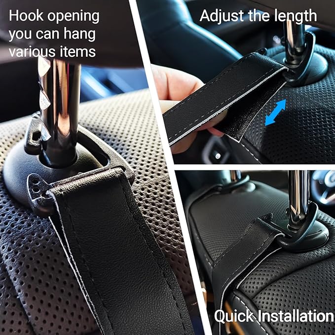 6Pcs Car Purse Hooks, Adjustable Leather Headrest Hooks for Car, Seat Back Organizer for Bags Purses (Black)
