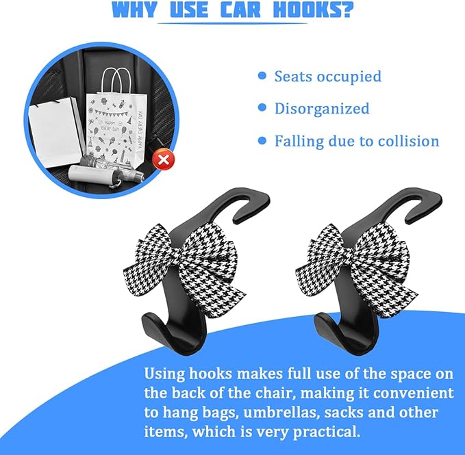 2PCS Car Seat Headrest Hooks, Cute Bow Vehicle Backseat Storage Hanger for Handbag Umbrella Coat, Automotive Seat Back Hook Holder Organizer Decor, Universal for Vehicles (Houndstooth)