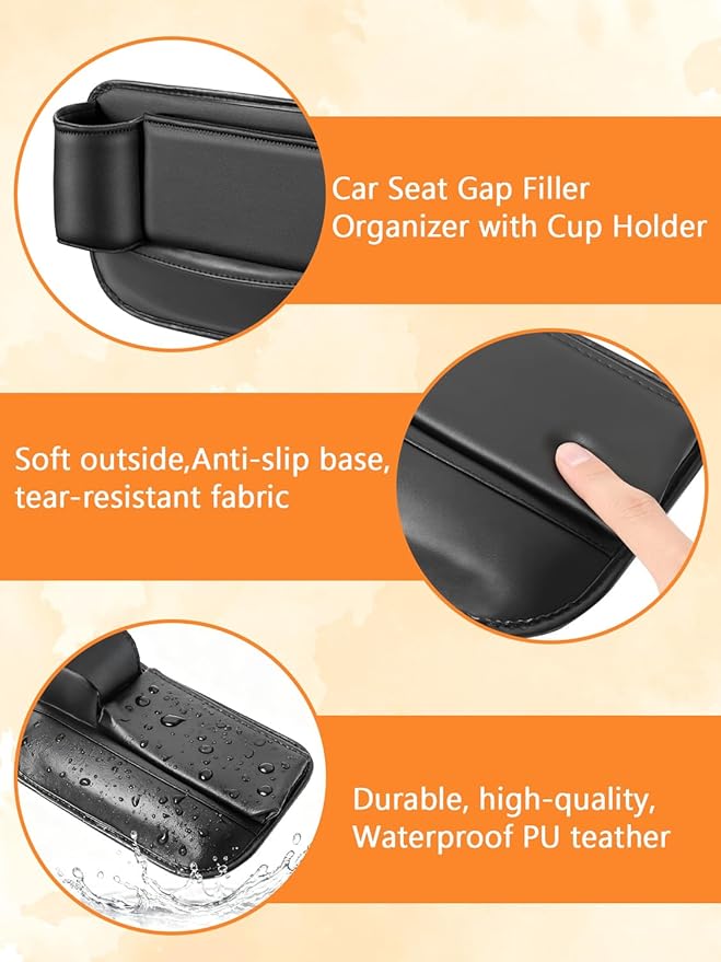 Car Seat Gap Filler Organizer,Car Seat Gap Storage with Cup Holder, Front Seat Gap Storage Box, Universal Fit PU Leather Gap Bag for Phone, Sunglasses, Cards, Keys(Left+Right Side)
