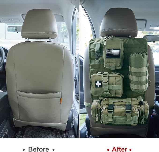 BXBXHD Universal Tactical Car Seat Back Organizer Bag - Molle Vehicle Organizers Panel with 4 Detachable Pouches (Military Green)