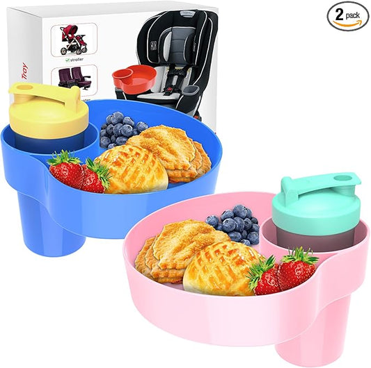 2PCS Car Seat Snack Tray for Kids: Kids Car Tray with Cup Holder, Toddlers Road Trip Essential, Travel Snacks Food Plate for Stroller, Snack Tray with a Cup Holder (Blue&Pink)