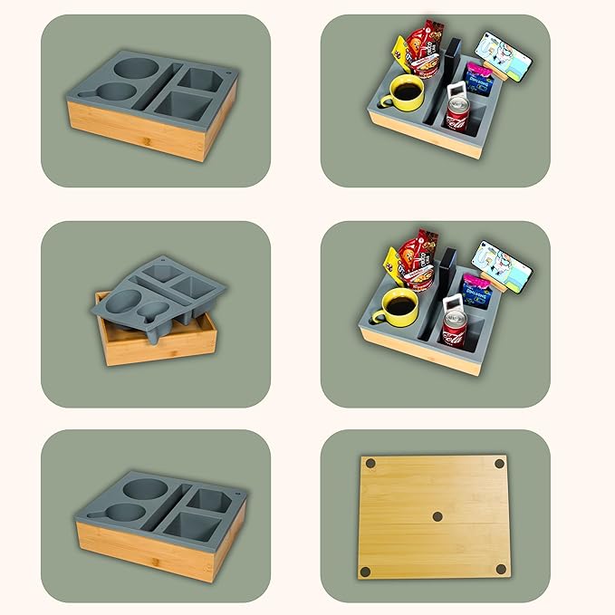 Couch Cup Holder Tray, Versatile Silicone Bamboo Caddy With Adjustable Phone Holder for Bed, Car Seat Organizer and Sofa Waterproof Anti-spill Cup Holder for Snack,Remotes and Drinks (Grey)