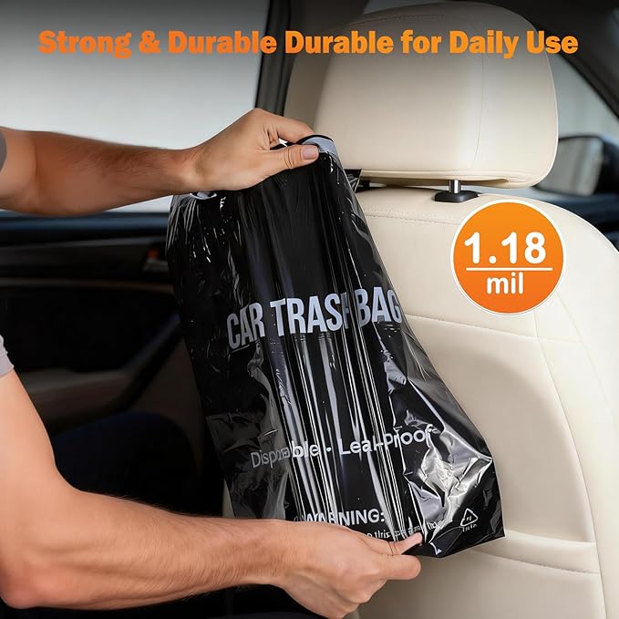 100 Count Recycled Disposable Car Trash Bags - 2 Gallon Heavy Duty Alternative to Bulky Car Trash Can & Car Garbage Can, Leakproof Smellproof Hanging & Stick-On Garbage Bag for Car, SUV, Truck,Vehicle
