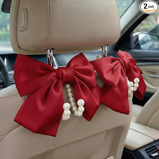 2PCS Satin Bow Pearl Car Seat Headrest Hooks – Car Bag Holder & Vehicle Hanger for Purses – Cute Coquette Aesthetic Interior Decoration – Cute Auto Organizer Accessories Universal (Red)