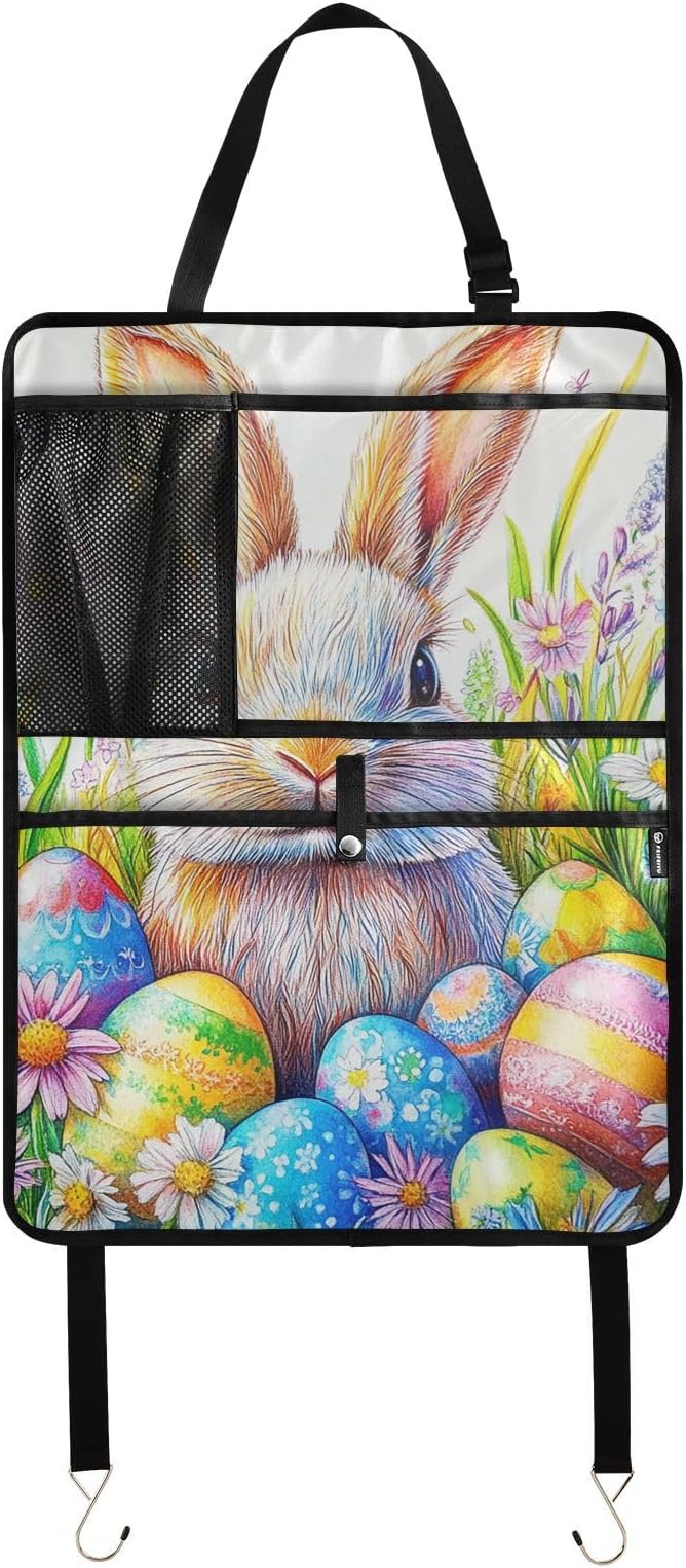Colorful Bunny Eggs 2 Pack Backseat Car Organizer with Storage Pockets Seat Back Organizers for Kids Kick Mats Backseat Protector Automotive