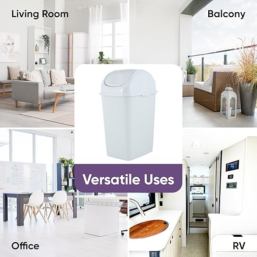 Superio Kitchen Trash Can with Swing Top Lid 9 Gallon Slim Waste Bin 37 Qt Sturdy Plastic Garbage Can Medium Recycling Bin for Office, Bathroom, Under Counter, Dorm, Bedroom (White)
