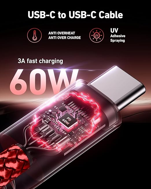 USB C to USB C Cable 60W [2Pack 6FT], USB Type C Fast Charging Cable for Car Durable Braided iPhone USB-C Cable USBC to USBC Cord for iPhone 17/16/15/Pro Max/Plus, Samsung Galaxy S23 and More-Red