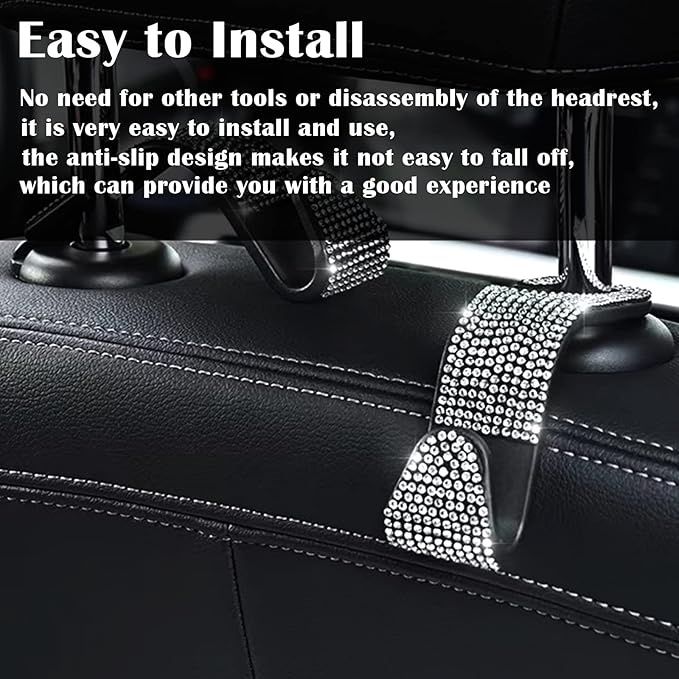 OSIFIT 2PCS Car Seat Hooks, Bling Rhinestone Headrest Hooks, Universal Bling Car Interior Accessories, for Handbag, Clothes, Purse, Water Bottle (White)