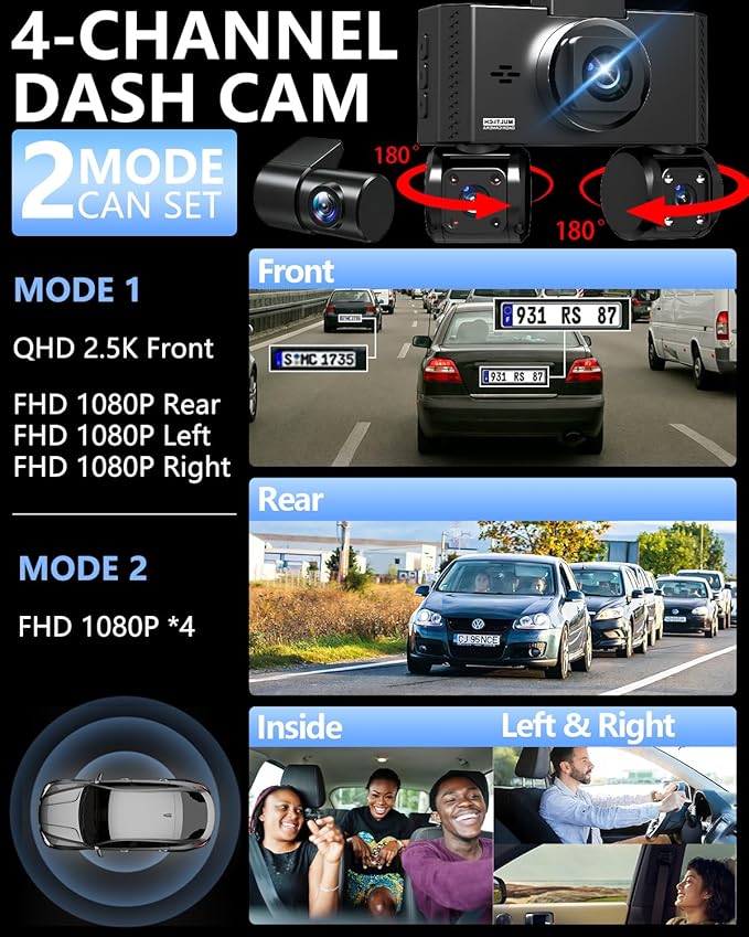 4 Channel Dash Cam Front and Rear Inside Left Right Car Dash Camera 360 View, 2.5K QHD Car Camera Supper Night Vision, 5G WiFi 3.16” IPS Touch Screen, G-Sensor,24H Parking Mode Free128G Card 256G Max