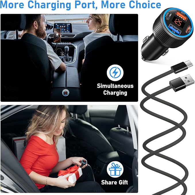 65W 4-Port USB C Super Fast Car Charger Type C for Samsung S26 S25 S24 Ultra A16 A17, iPhone 17/16e/16 Pro Max Dual 12V QC/PD 3.0 Fast Charging Cigarette Lighter Adapter with Voltmeter+2X USB C Cable