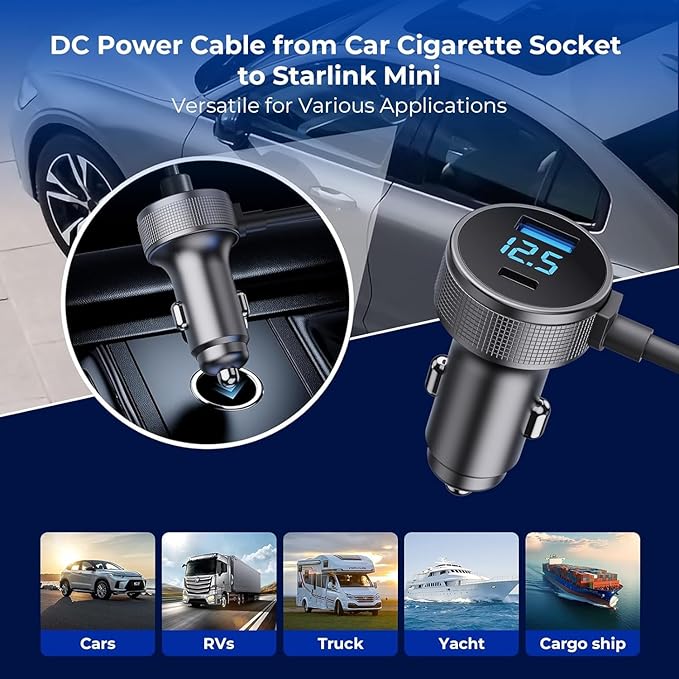 Starlink Mini Cable, 3 in 1 Starlink Mini Car Charger DC Power Cable+ Cigarette Lighter Adapter 12V-48V with Digital Display, Durable USB C PD 40W and USB A 35W Ports for Trucks and Cars (13.1FT)