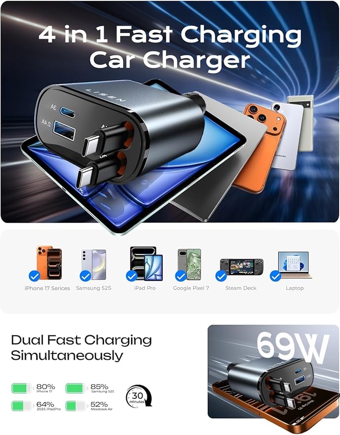 LISEN Retractable Car Charger USB C [Upgraded Dual Type C] 75W Fast 4 in 1 Car Charger for iPhone 17, Road Trip Essentials Gifts for Men Women, Car Accessories for Galaxy S26 Phone 17 Pro Max 16 15