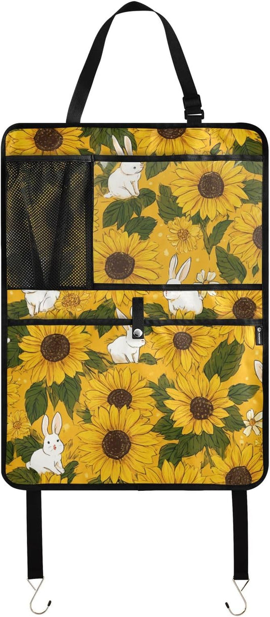 1 Pack Back Seat Car Organizer with Storage Pockets Kick Mats Back Seat Protector Hanging Car Organizer Automotive Seat Back Cover Organizers Autumn Sunflower and Cute Rabbit
