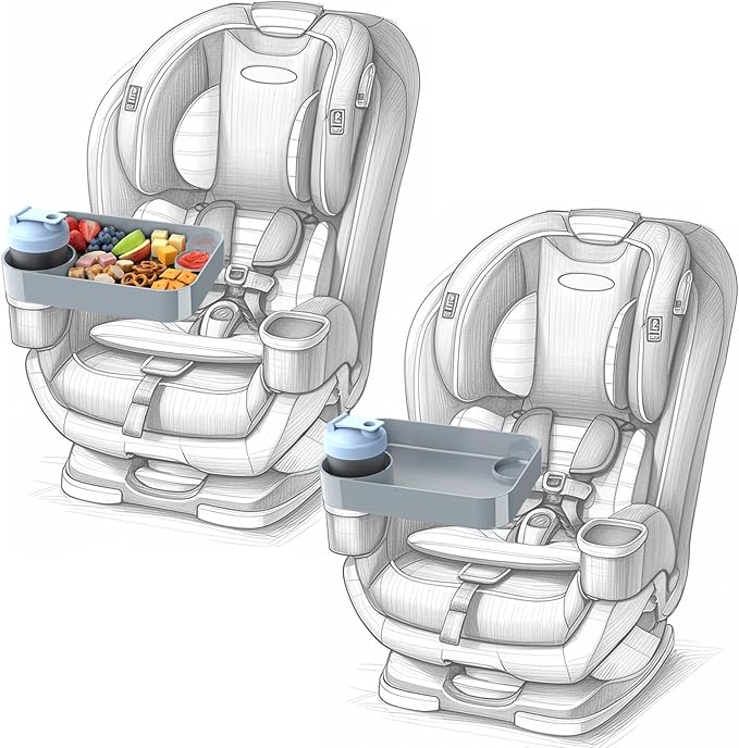 Kids Car Travel Tray Square for Kids Car Seat Snacks Trays, Car Seat Tray with Cup Holders for Toddler, Stroller, Tesla Travel Must Have (2Pcs gray)