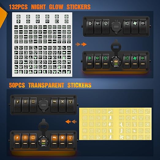 Nilight 6 Gang Rocker Switch Box 12V SPST ON Off Toggle Switches PD Type C and QC 3.0 USB Sockcet Voltmeter Orange LED Light Waterproof Aluminum Mount Bracket Panel DIY Stickers for Boat Car RV Truck