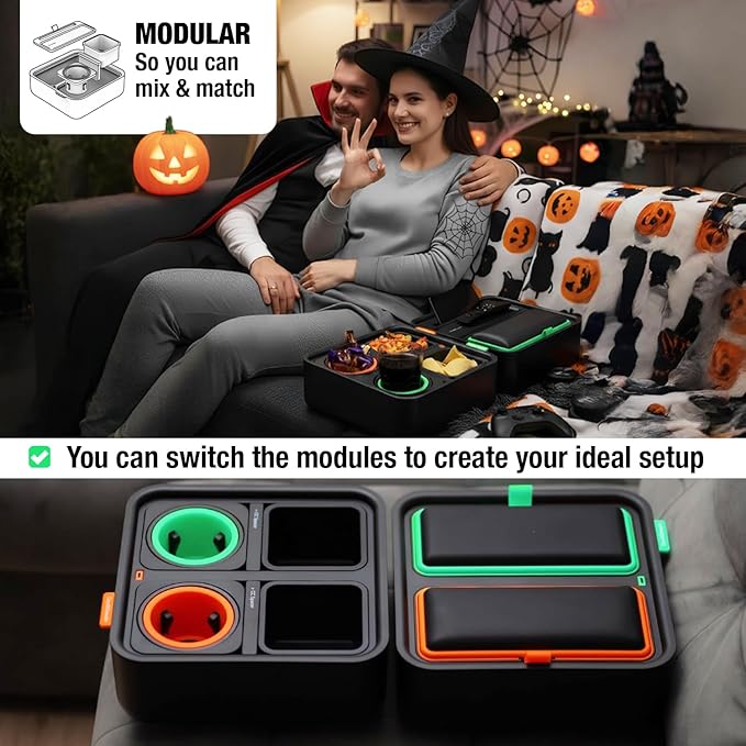 CouchConsole Original Tray - Drinks & Snacks Sofa Caddy with Armrest, Table with Phone Stand- TV Remote Control Storage and Organizer - for Living Rooms, RV, and Cars, Black/Green