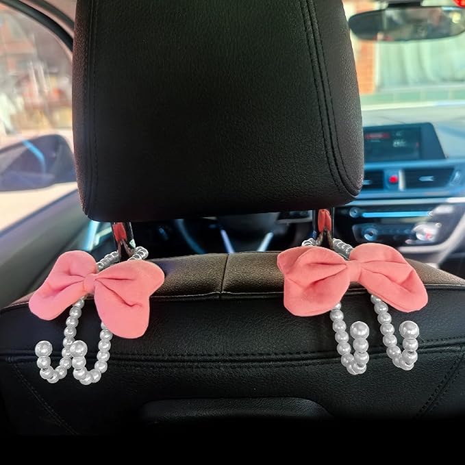 2 PCS Elegant Pearl Car Seat Headrest Hook, Cute Car Seat Hook Hanger Storage Organizer for Handbag Purse, Interior Decoration Headrest Hanger for Women (2PCS Pink Bow)