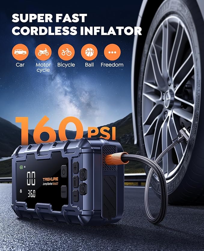 TREKURE 10-in-1 Car Battery Jump Starter Box with Jump Cables & Gloves for All Gas & 12L Diesel, 8000A Portable Battery Charger with Air Compressor, 160PSI, PD45W Charging