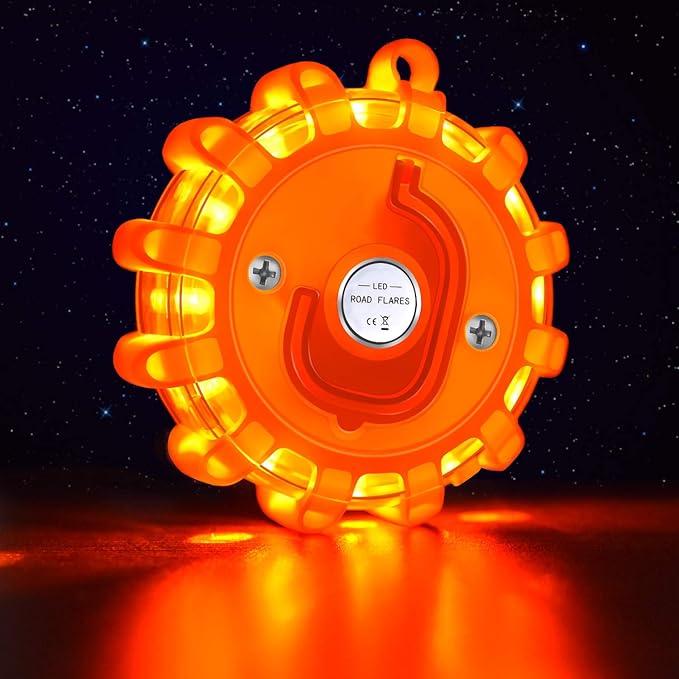 AK [6 Pack LED Road Flares Safety Flashing Warning Light Roadside Emergency Disc Beacon Kit for Vehicles Boats with Magnetic Base & Hook, Premium Storage Bag (Batteries Not Included) (6)