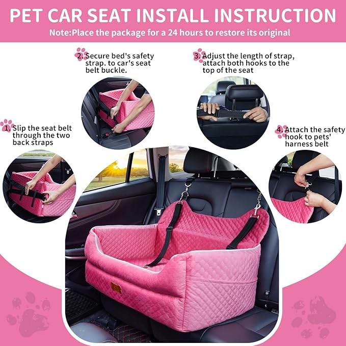 Dog Car Seat for Large/Medium Dogs - Memory Foam Dog Booster Seat for Under 55Lbs or 2 Small Dogs-Detachable and Washable Travel Bed with Thick Cushion and Storage Pockets-Pink