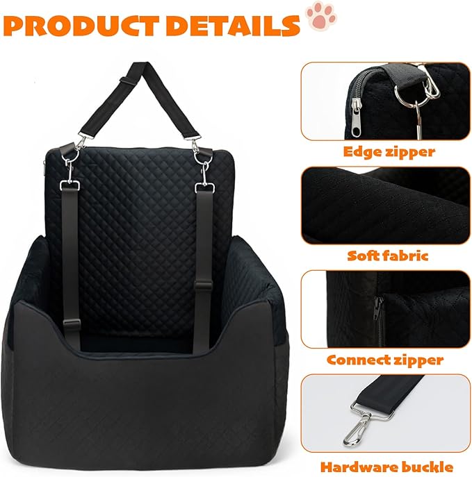 ALL GOOD PET SUPPLIES Dog Car Seat for Small/Medium Dogs Under 35lbs, Soft Booster Car Seat with Detachable Washable Cover and Cushion, Puppy Dog Car Bed, Black