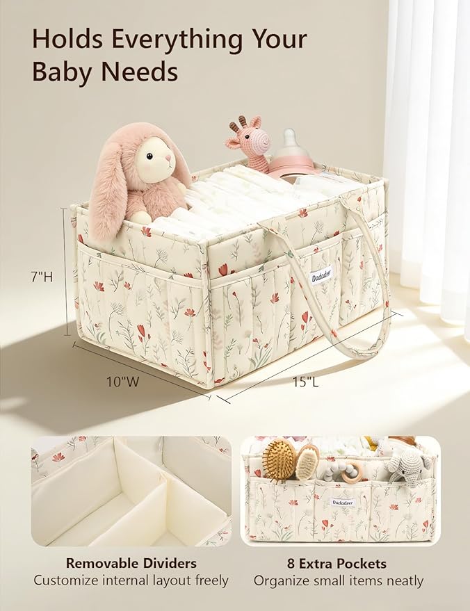 Baby Diaper Caddy Organizer, Portable Nursery Storage Basket for Newborn Essentials, Changing Table & Car Caddy Organizer, Gift for Baby Shower, Registry Must-Have for Boy Girl, Floral Beige