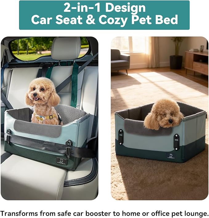 A 4 Pet Dog Car Seats for Small Dogs Under 25lbs – Safety Travel Booster Seat with Patent Buckles, Adjustable Leash – Reduces Anxiety & Road Trips – Frame Support for Cars, SUV, Pickup
