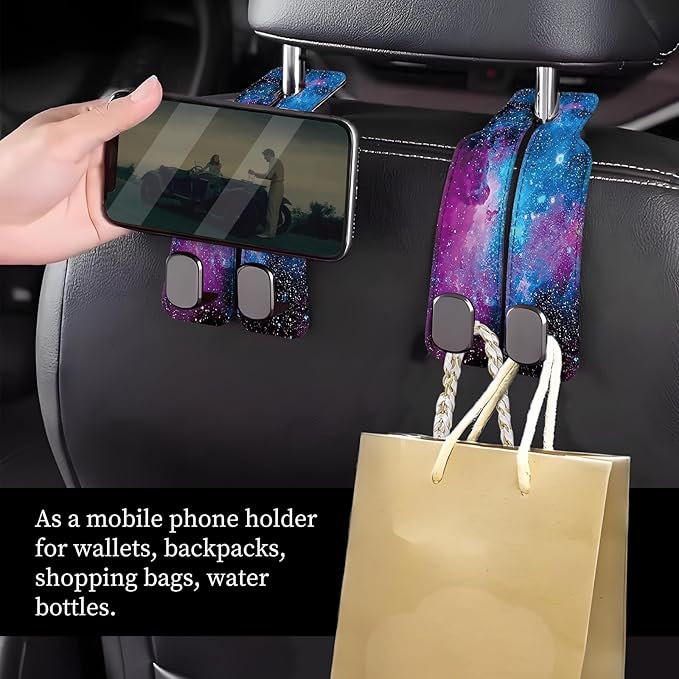 Car Seat Headrest Hook, Universal Leather Cute Hanger Holder Hook, Storage Organizer Interior Accessories for Purse Bags Handbag Purple Universe