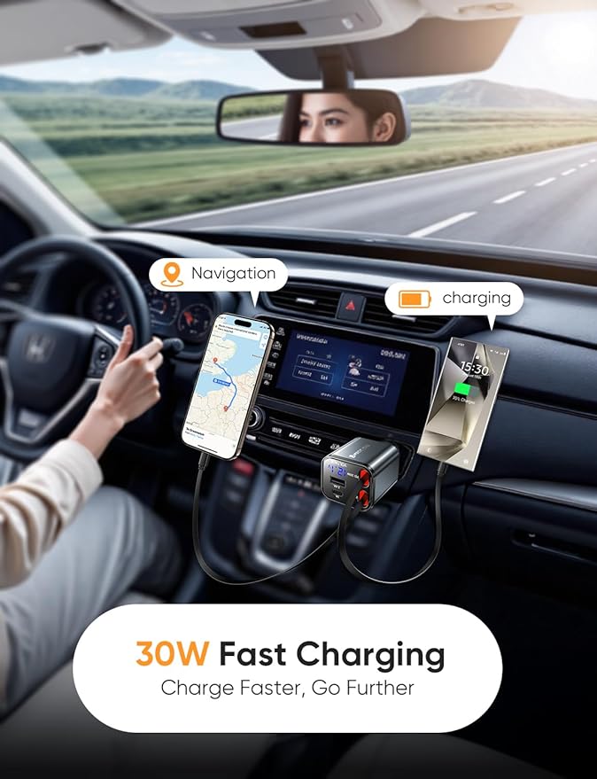 MAGIC JOHN Retractable Car Charger, 4 in 1 Fast Charging Car Phone Charger, 69W USB-C Car Truck Accessories, Travel Essentials Gifts for Women Men, for iPhone 17 ProMax/16/15/14/13/12, Samsung Galaxy