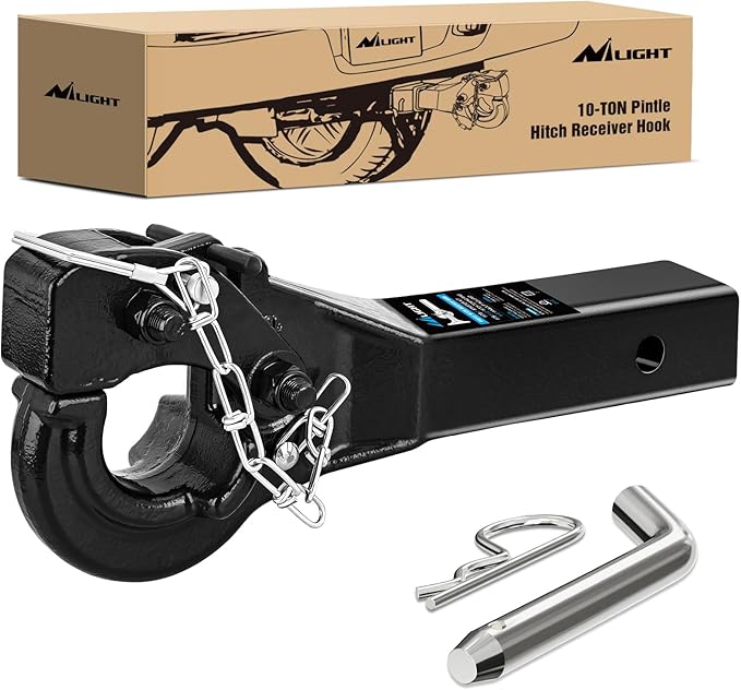 Nilight 10-TON Pintle Hitch for 2-Inch Receiver Hook Military Receiver 20000LBS,Fits 2-1/2 in Lunette Ring, Gloss Black Powder Coat