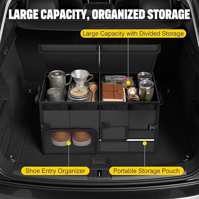 Foldable Car Trunk Organizer with Multi-Compartment – Expandable 30-60L Storage Bin, Side Mesh Pockets, Waterproof 600D Oxford Cloth, Car Accessories for SUV/Truck/Sedan, Beige, 23.6"x13.0"x11.8"